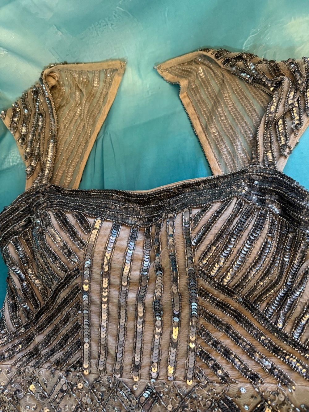 Adrianna Papell Nude Beaded Mini Dress with Gunmetal Sequins - Picture 7 of 9